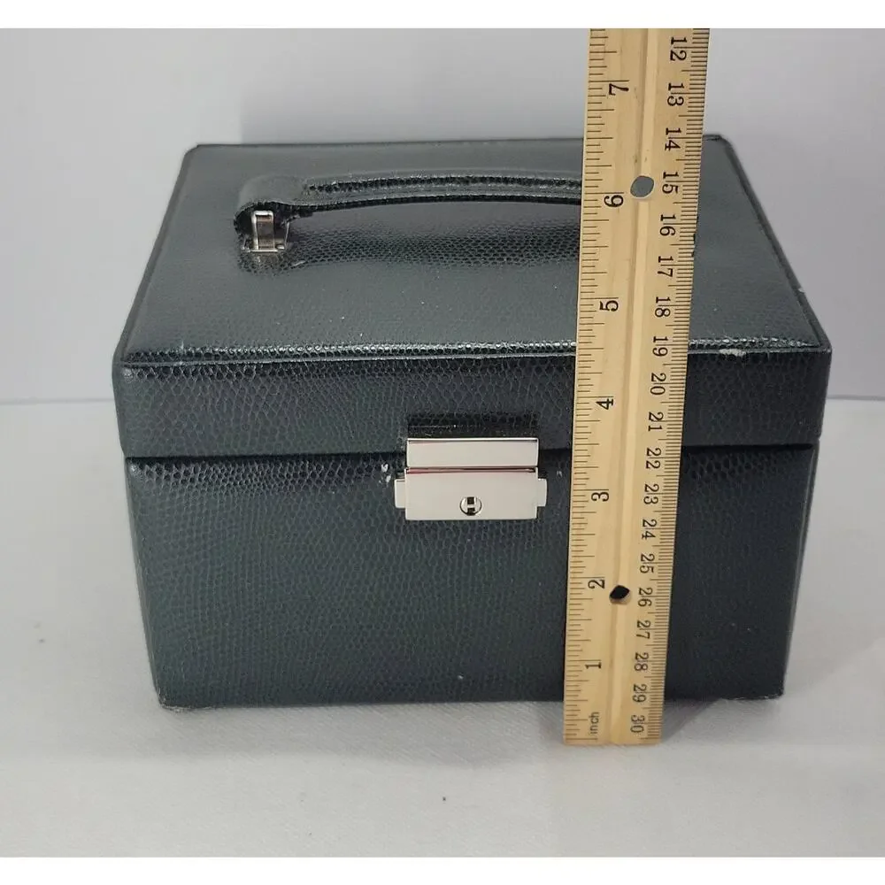 Dark Green Jewelry Box Mirror 2 Drawers Lock Key Carrying Case Organizer